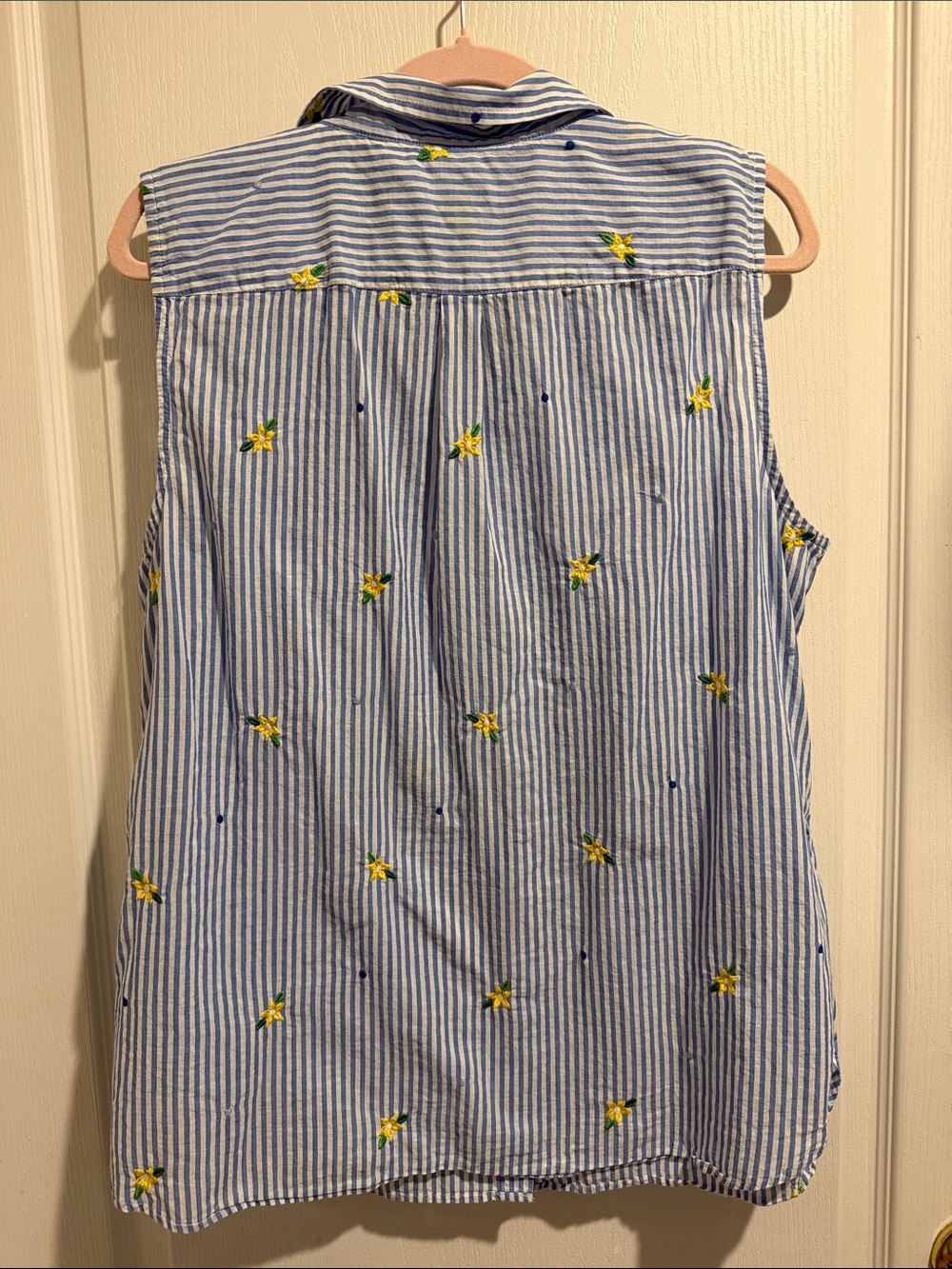 Talbots Blue Stripe Sleeveless Button-Up Top with Yellow Floral Embroidery - Picture 5 of 5